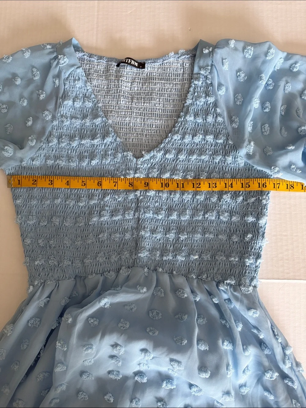 Light Blue Textured Midi Dress with V-Neck